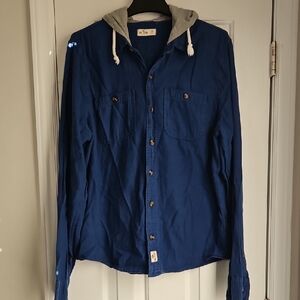 Hollister Blue Shirt Jacket with Gray Hood